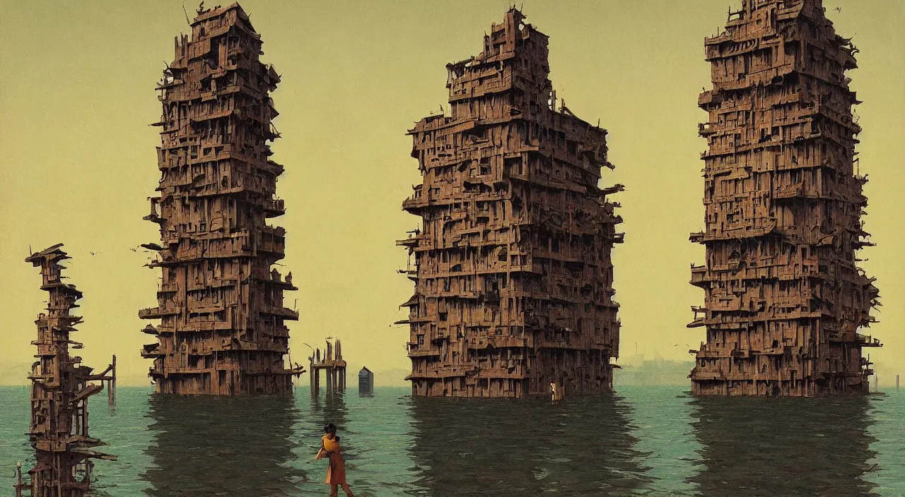 Image similar to single flooded simple wooden tower of flesh, very coherent and colorful high contrast!! masterpiece by rene magritte simon stalenhag carl spitzweg syd mead norman rockwell edward hopper james gilleard, minimalist, dark shadows, sunny day, hard lighting