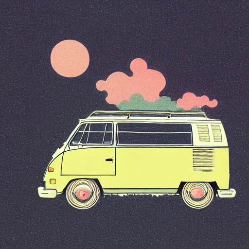 Prompt: illustration of an old van volkswagen, may 6 8, pastel colors, cool, hippie by victo ngai