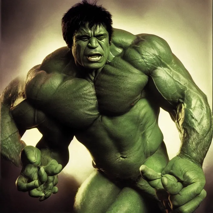 Image similar to a color photo portrait of the incredible hulk in new york city by richard avedon dramatic lighting.