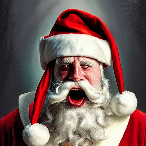 Image similar to frontal torso view of evil santa claus with cream colored cap and cream colored robe, red mouth, greenish cream colored background, fine art, award winning, intricate, elegant, sharp focus, cinematic lighting, digital painting, 8 k concept art, by michael hussar and greg manchess and brom and z. w. gu, 8 k