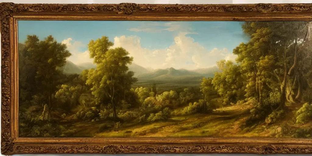 Prompt: a beautiful classical landscape painting of a woodland clearing in a valley with a large brutalist industrial structure, oil on canvas, highly detailed, 4 k, hd