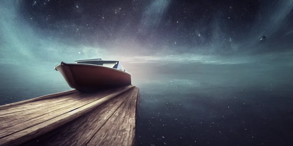 Image similar to a highly detailed realistic photographic render of a boat in a sea of stars, surreal, cinematic lighting, cinematic scene, volumetric lighting, atmospheric scene, dark, mystery, atmospheric lighting, realistic, photo realism, hyper realistic, hyper realism, photo realisitc, cinematic render, film, beautifully lit, ray traced, octane 3 d render, octane render, unreal engine