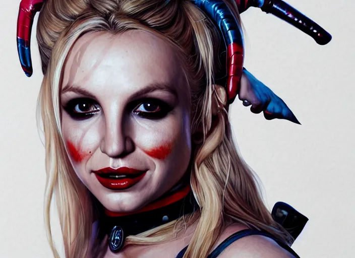 Image similar to highly detailed portrait of britney spears as harley quinn, in batman comics, stephen bliss, unreal engine, fantasy art by greg rutkowski, loish, rhads, ferdinand knab, makoto shinkai and lois van baarle, ilya kuvshinov, rossdraws, tom bagshaw, global illumination, radiant light, detailed and intricate environment