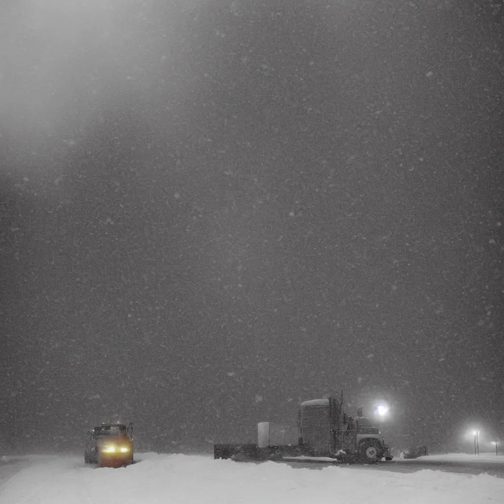 Image similar to photo, big snow plow truck is in the distance with a bright headlighta. cold color temperature, snow storm. hazy atmosphere. humidity haze. kodak ektachrome, greenish expired film, award winning, low contrast,