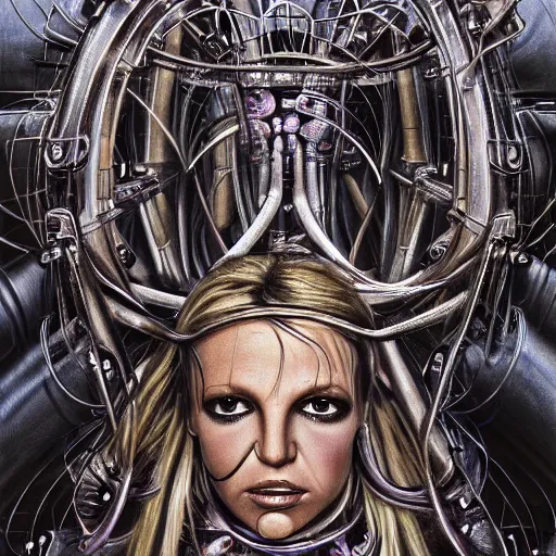 Image similar to britney spears encased in biomechanical machine, heavy conduits, complex scene, rich composition, heavy in detail, corruption, decay, grime, smooth, sharp focus, airbrush, illustration, symmetrical, portrait, art by h. r. giger