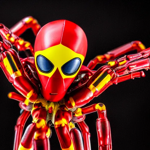 Prompt: a cybernetic spider covered with red and yellow armor. Award-winning photo. OM system 12–40mm