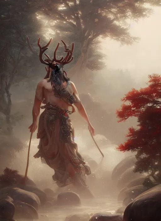 Image similar to Gigantic Deity with white antlers and translucent mushrooms, extremly detailed oil painting, in the style of Fenghua Zhong and Ruan Jia and Jeremy Lipking, rim light, beautiful lighting, mystic, 8k, stunning scene, raytracing, octane, trending on artstation