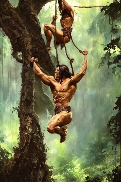 Image similar to tarzan swinging from a tree, by Frank Frazetta, Greg Rutkowski, Boris Vallejo, epic fantasy character art, Exquisite detail, post-processing, low angle, masterpiece, cinematic