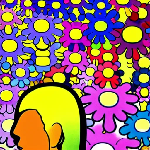 Image similar to silhouette of head exploding into flowers, bright colors, Takashi Murakami, Minimalist,