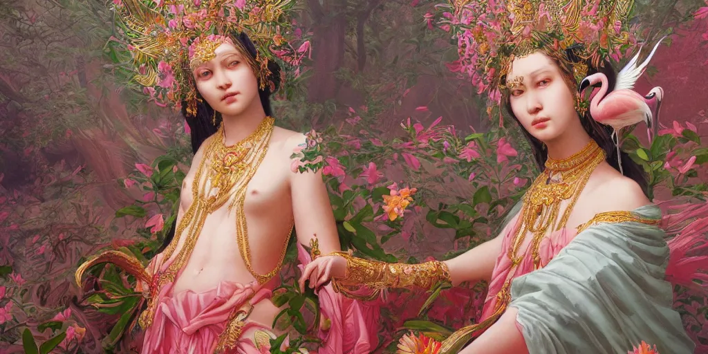 Image similar to breathtaking detailed concept art painting of the goddess of flamingo, orthodox saint, with anxious, piercing eyes, ornate background, amalgamation of leaves and flowers, by Hsiao-Ron Cheng and John James Audubon, extremely moody lighting, 8K