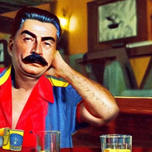 Prompt: joseph stalin spotted alive in a bar in brazil drinking beer and using casual clothes, yellow shorts, blue slippers and a red shirt, 4 k, high - detailed