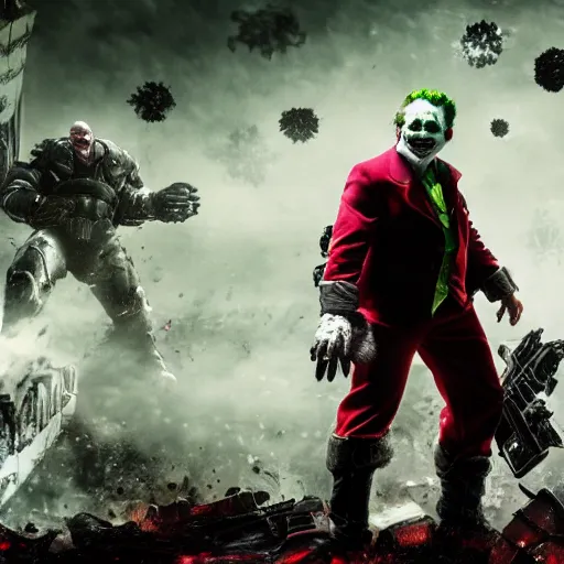 Image similar to the joker as santaclaus in gears of war, splash art, warzone, dystopian, movie still, cinematic lighting, dramatic, octane render, long lens, shallow depth of field, bokeh, anamorphic lens flare, 8 k, hyper detailed, 3 5 mm film grain