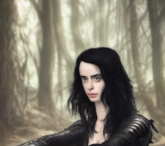 Image similar to 5 5 mm close up portrait photo of krysten ritter as yennefer of vengerberg in black leather armor and black hair, in a forest. magical atmosphere. art by greg rutkowski. lifelike. very detailed 8 k. intricate. soft light. nikon d 8 5 0.