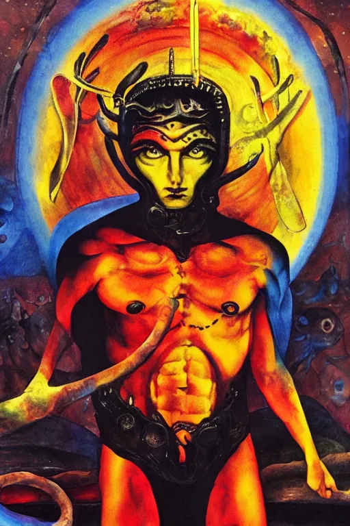 Image similar to surreal a lithe brian molko as slaanesh the prince of pleasure in a post apocalyptic hellscape, esoteric symbolism, intense emotional power, red yellow black, palette knife oil painting by peter booth, josh kirby and william blake