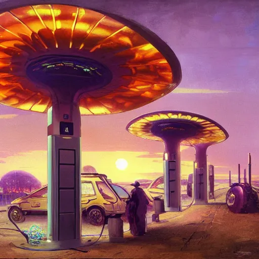 Prompt: painting of syd mead artlilery scifi organic shaped electric bus charging station with ornate metal work lands on a farm, fossil ornaments, volumetric lights, purple sun, andreas achenbach