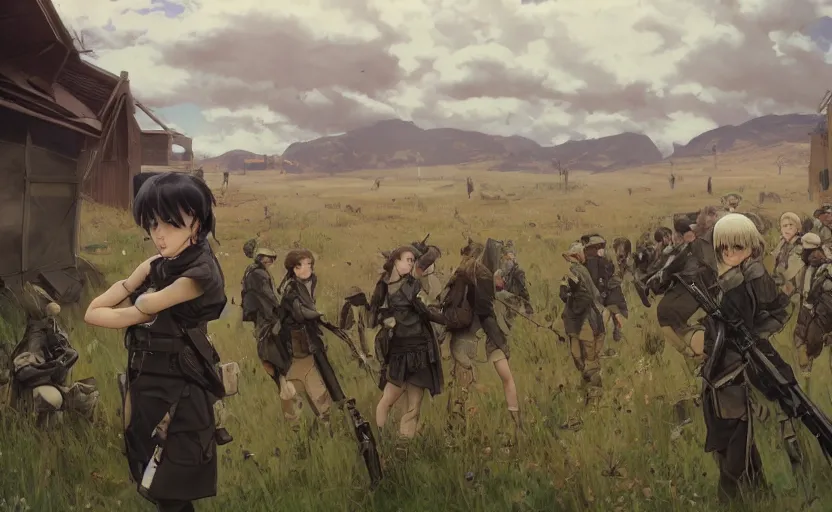 Prompt: panoramic view, girl, soldier clothing, battlefield in background, anime style, short hair, hair down, realistic anatomy, symmetrical facial features, from arknights, hyper realistic, 4 k, rule of thirds, extreme detail, detailed drawing, trending artstation, realistic lighting, by alphonse mucha, greg rutkowski, sharp focus, backlit