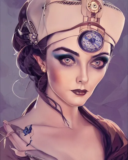 Prompt: in the style of joshua middleton, artgerm, beautiful elizabeth taylor, steampunk, full body, blue dress, elegant pose, middle shot, spooky, symmetrical face, symmetrical eyes, detailed realisitc eyes, detailed realistic eyes, detailed and intricate