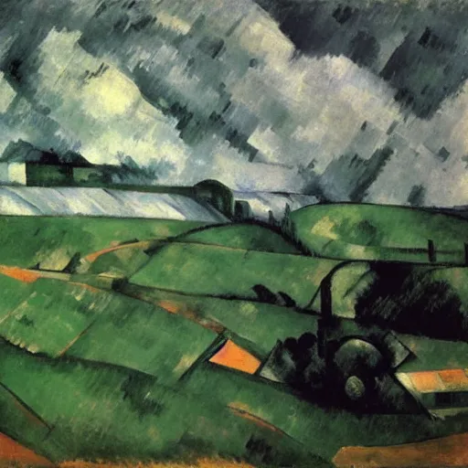 Prompt: green open field clouds above and below bursting with energy water and electricity foggy lighting in style of kathe kollwitz paul cezanne