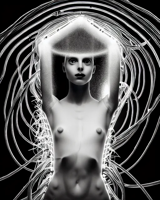 Prompt: black and white artistic photo, young female cyborg - plant goddess, microchip, artificial intelligence, bio - mechanical bio - luminescence, black wired cables, cinematic, rim light, photo - realistic, 8 k, in the style of steven meisel and dora maar and h. g. giger