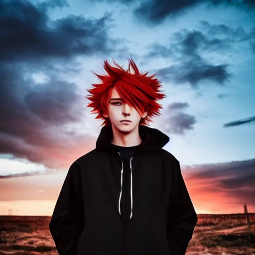 Prompt: orange - haired anime boy, 1 7 - year - old anime boy with wild spiky hair, wearing blue jacket, golden hour, partly cloudy sky, red clouds, orange sky, strong lighting, strong shadows, vivid hues, ultra - realistic, sharp details, subsurface scattering, intricate details, hd anime, 2 0 1 9 anime