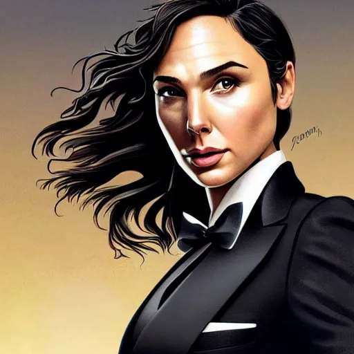 Image similar to gal gadot as james bond wearing a tuxedo, portrait, highly detailed, digital painting, artstation, concept art, sharp focus, illustration, art by artgerm and greg rutkowski and alphonse mucha