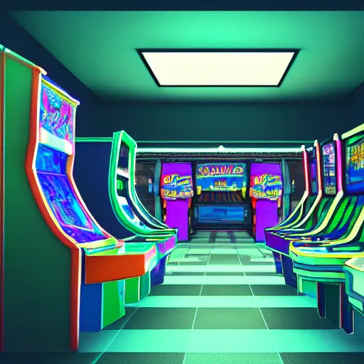 Image similar to inside an arcade, vaporwave 9 0 s dreamy empty, highly detailed, 3 d render, vray, octane, realistic lighting, photorealistic