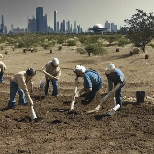 Prompt: a group of workers planting trees in a barren landscape alongside a sci fi nuclear containment building with a utopian city in the distance