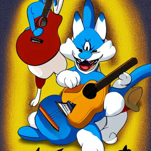 Prompt: lucario and k. K. Slider playing guitar at Woodstock, portrait full body, digital art, high quality, beautiful colors, mesmerizing