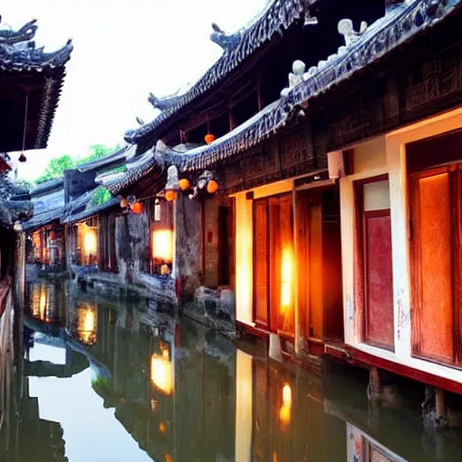 Prompt: beautiful and peaceful ancient water town in the south of china, zhouzhuang ancient town, movie style, warm color to move, boats, evening lanterns, the glow of the sunset on the water