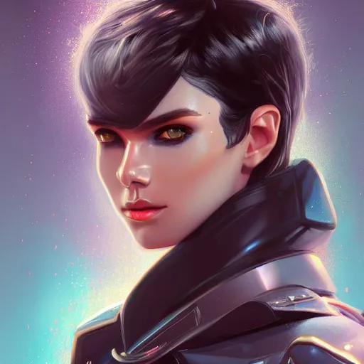 Prompt: portrait of a beautiful dark - haired androgynous space ranger, soft lightning, high detailed, detailed face, detailed eyes, intricate, elegant, smooth, sharp focus, high contrast, dramatic lighting, artstation, art by valentina remenar,