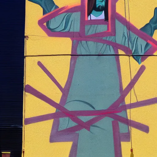 Prompt: graffiti mural of blindfolded Jesus, arms outstretched, rays of light from his fingers, painted on a concrete wall by Minerva Teichert, Portra 400