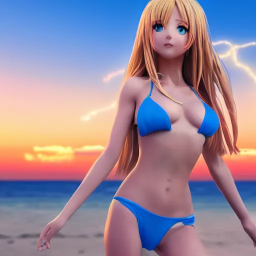 Image similar to Render of a very beautiful 3d anime girl, long sky blue hair, golden eyes, full round face, short smile, very beautiful see through azure bikini, golden hour, serene beach setting, cinematic lightning, medium shot, mid-shot, highly detailed, trending on Artstation, Unreal Engine 4k wallpaper