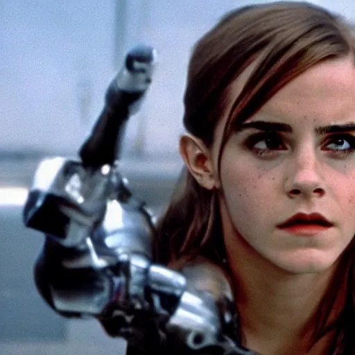 Prompt: a cinematic still of Emma Watson as The T-1000. Terminator 2 Judgement Day.