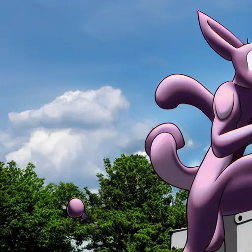 Prompt: MewTwo on top of a water tank in Newark, Pokemon