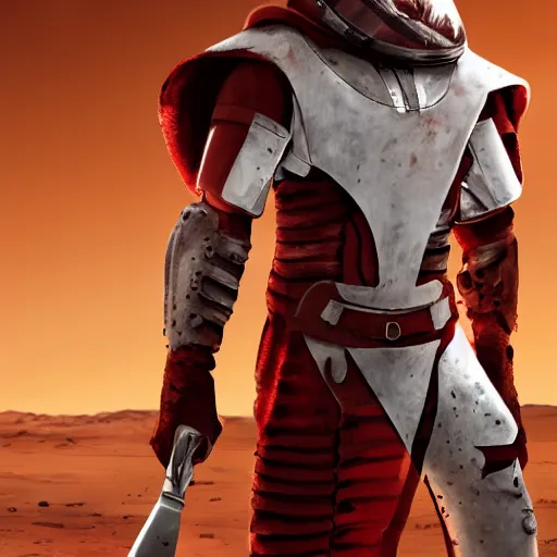 Image similar to a towering soldier with vertical nose slits, wearing blood - spattered glossy sleek white dinged scuffed armor and a long torn red cape, heroic posture, battle - weary, strained expression, determined expression, no helmet, on the surface of mars, dramatic lighting, cinematic, sci - fi, hyperrealistic, detailed