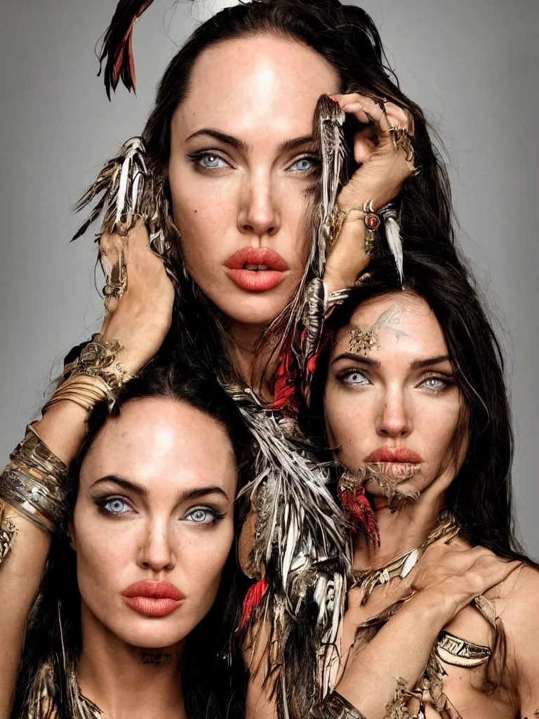 Prompt: photo, body female warrior, native provocative indian beauty, nose of Angelina Jolie, lips of Megan Fox, big symmetrical eyes of Bjork, award winning photography by Leonardo Espina