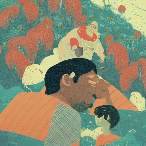 Prompt: a son admiring his father, joyful, illustration by victo ngai, studio muti, malika favre