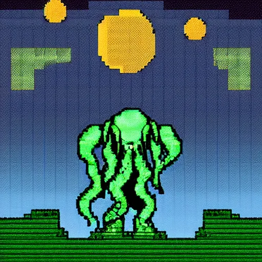 Image similar to pixelart Cthulhu, landscape, horizon, lunar, moon, backlit