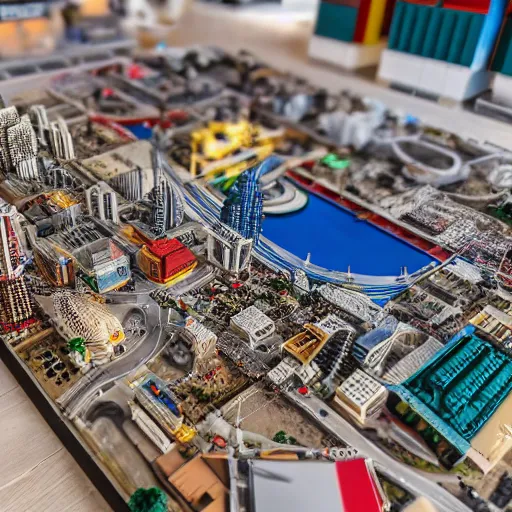 Image similar to detailed lego build of dubai on garage table, professional photo, professional lighting, HDR