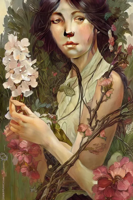 Image similar to ultra realistic illustration, banana plants drawing and flowers, japanese's art style, elegant, highly detailed, digital painting, concept art, smooth, sharp focus, illustration, art by greg rutkowski and alphonse mucha