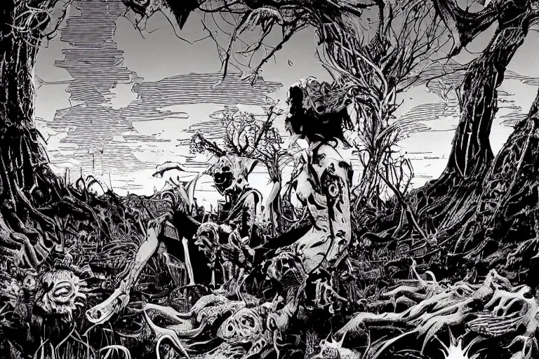 Image similar to disturbing horror zombie defeat illustration by joe fenton and syd mead and p. craig russell and barry windsor - smith, artstation, 4 k, graphic novel, concept art, matte painting, beautiful american rustic western landscape sunset background, golden hour, art nouveau