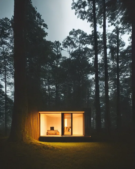 Prompt: an exquisite wooden house in the middle of a lush forest, minimalist design, architectural photography, dark and dim lighting, beautiful, tranquil, moody, cinematic, fantasy, 3 5 mm lens, volumetric lighting, first person view, photographic render, hyper realistic