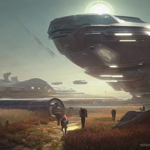 Prompt: futuristic russian farm with nancy pelosi in background in the future with spaceships in the sky, by greg rutkowski