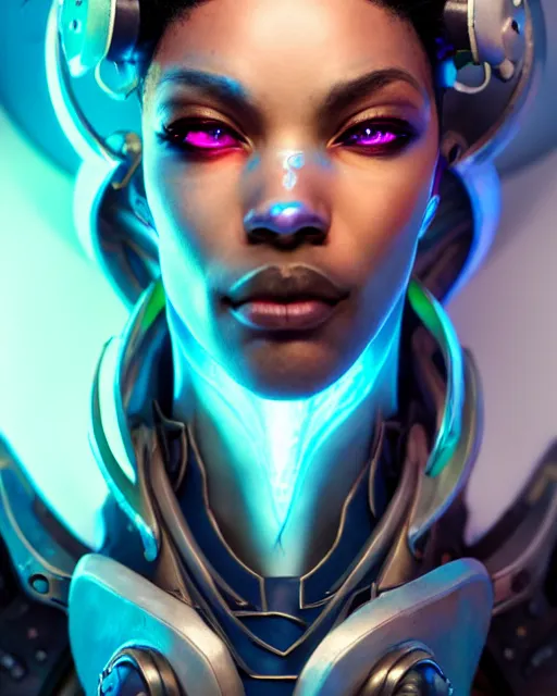 Image similar to sojourn from overwatch, bust, dreadlocks, gray hair, cyborg eyes, fantasy, fantasy art, fantasy, colorful, elegant, character portrait, portrait, close up, highly detailed, intricate detail, amazing detail, sharp focus, vintage fantasy art, vintage sci - fi art, radiant light, caustics, by boris vallejo