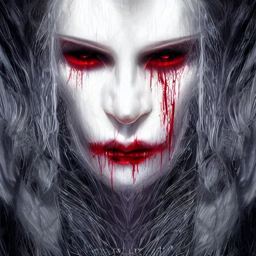 Image similar to Portrait of a pale white vampire woman with bright glowing strands of hair, dark black hair, blood dripping from her fangs, horror, creepy, unsettling, artstation, cgsociety, masterpiece, dark fantasy