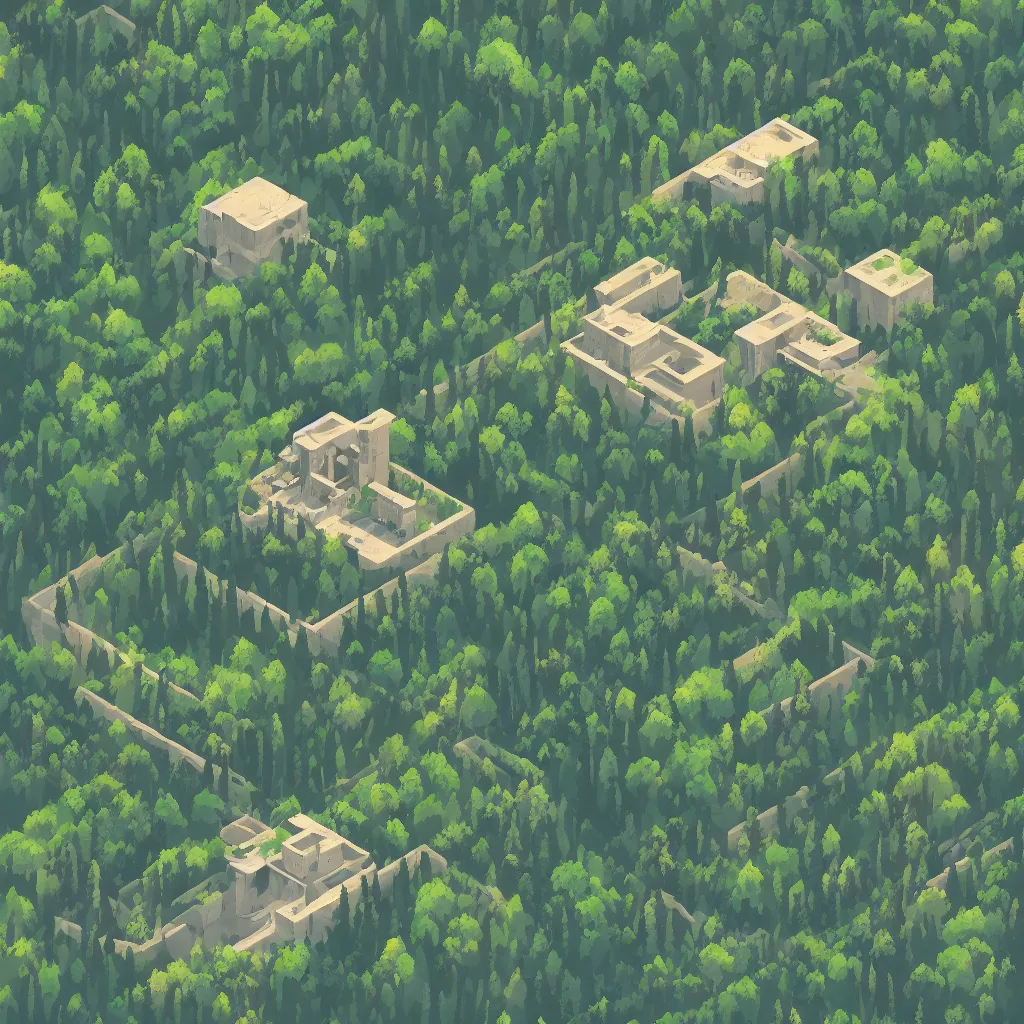 Image similar to isometric view of mountaintop building overlooking a lush forest by james gilleard, textured, detailed, beautiful, 8 k wallpaper