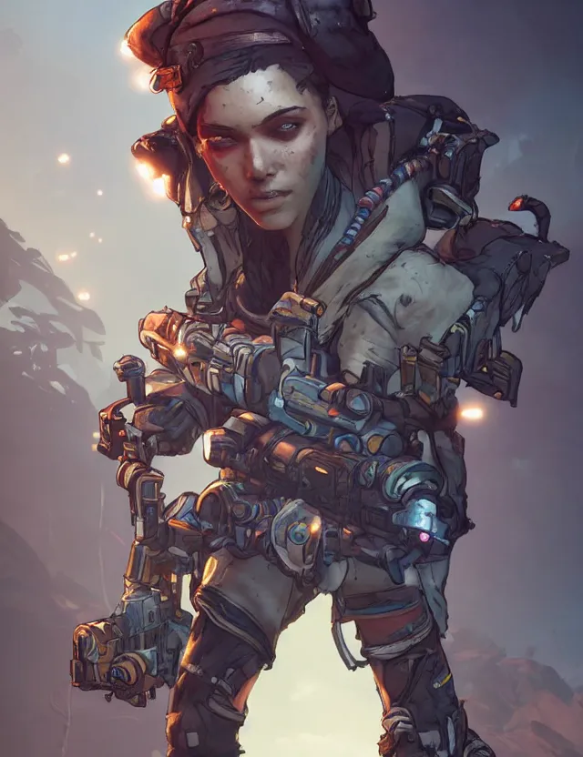 Image similar to a young female soldier as borderlands 3 concept art, art by ryo shiotani and greg rutkowski, intricate, beautiful, cute, cinematic lighting, vintage art by serge ivanoff, high resolution, very detailed