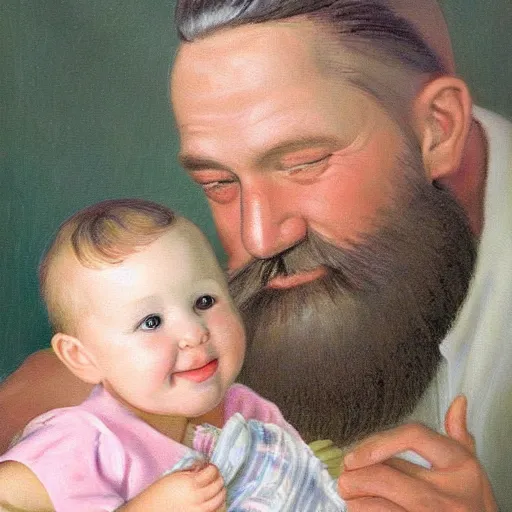 Prompt: laszlo moholy painting of beard grandpa taking a photo to a baby girl