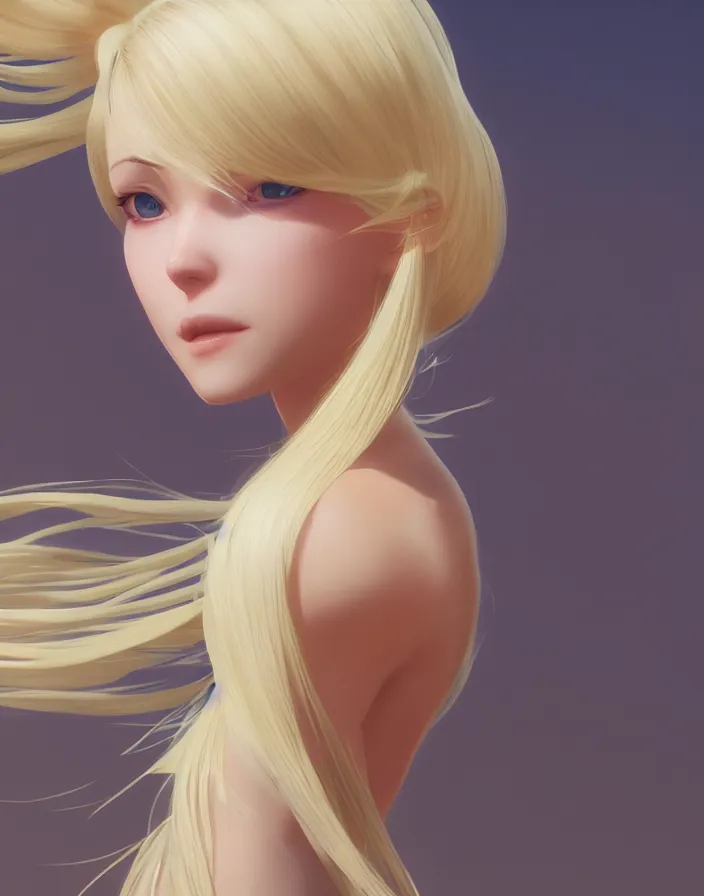 Image similar to beautiful blond woman, hair completely tied back in high ponytail, matte, oceanside, art by ilya kuvshinov and kyoto animation and ruan jia and ross tran, studio quality, aniplex,