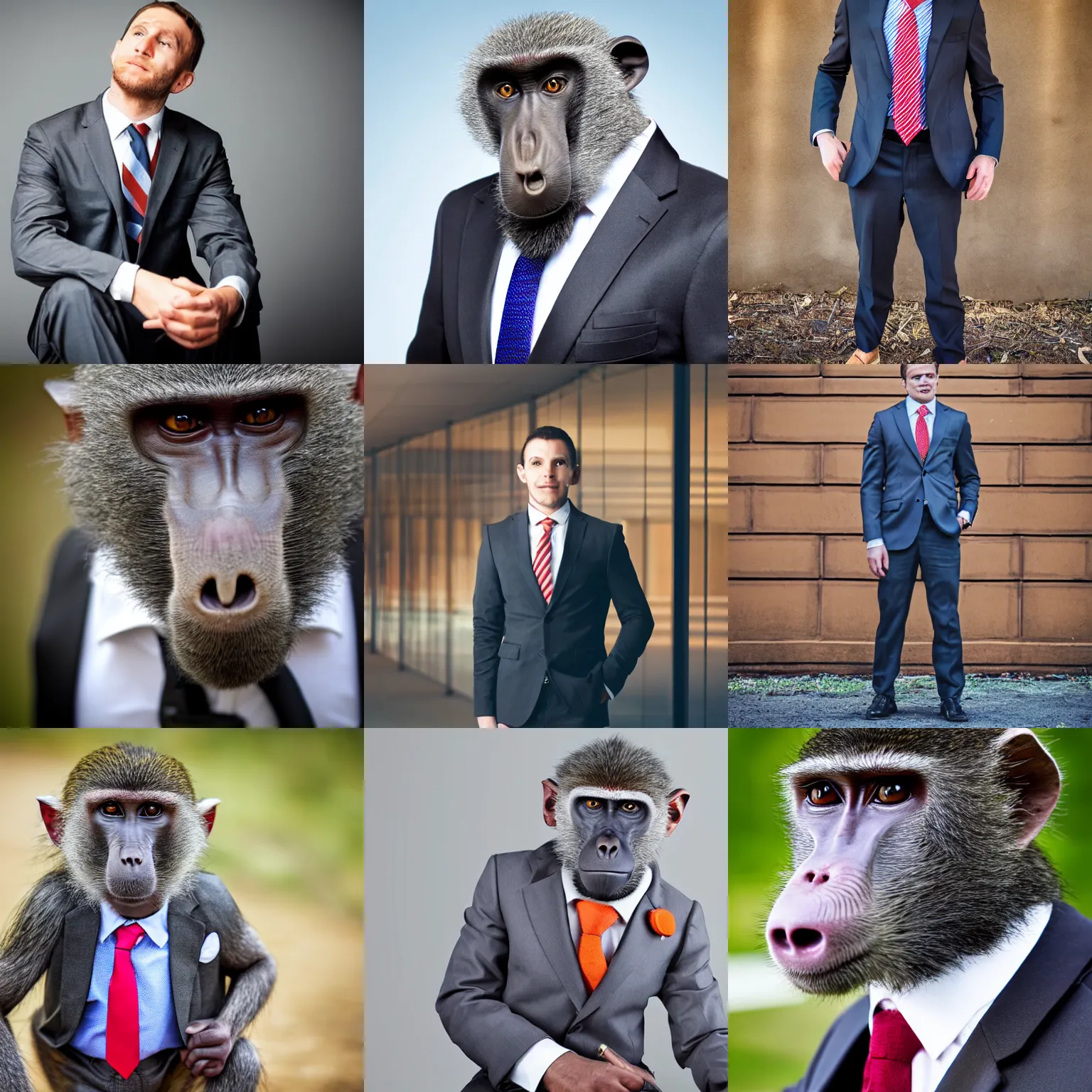 Prompt: baboon wearing a suit and tie, ready for a meeting, close business portrait